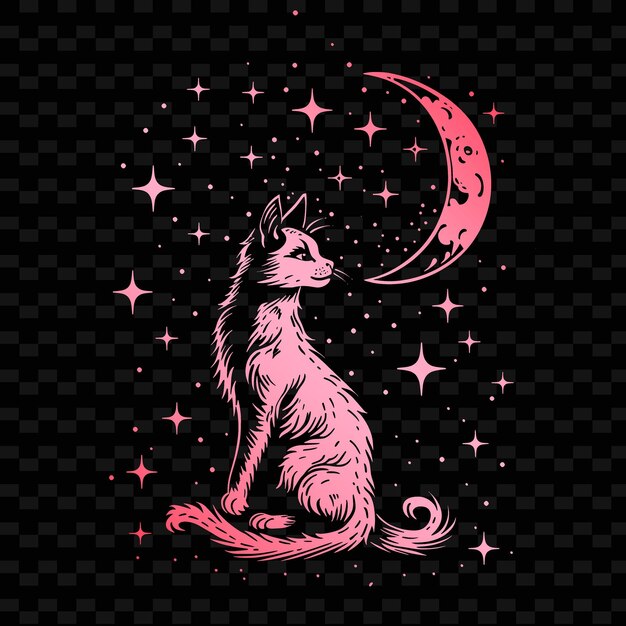 PSD un gato rosa con una cola rosa se sienta en un fondo negro con la luna y las estrellas