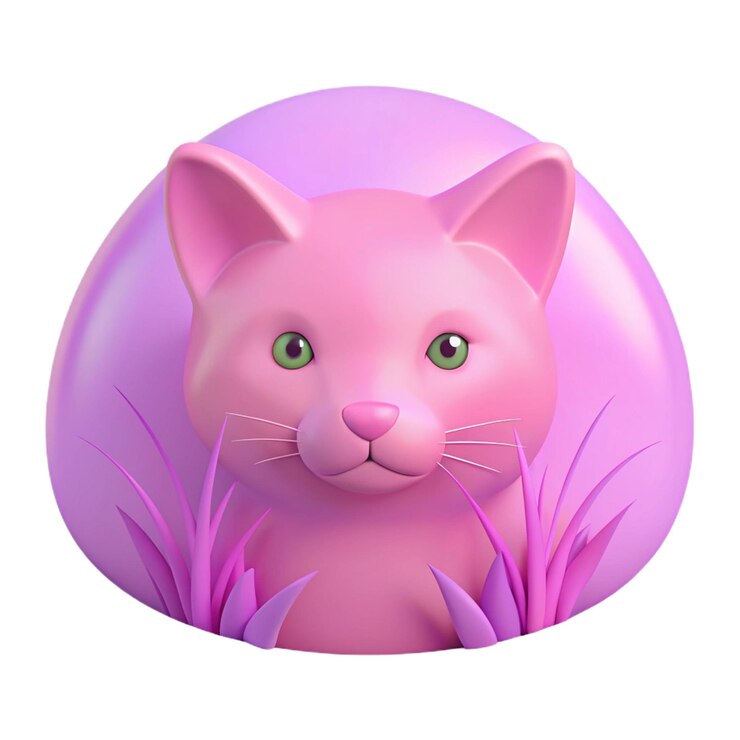 PSD un gato rosa con ojos verdes se sienta en una bola rosa redonda