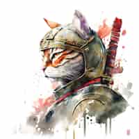 PSD gato samurai com estilo japonês para design de clipart de camiseta arte de pincel de cor de água
