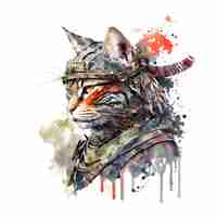 PSD gato samurai com estilo japonês para design de clipart de camiseta arte de pincel de cor de água