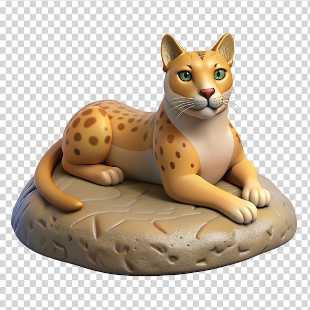 PSD gato selvagem 3d deitado em uma rocha isolado em fundo transparente