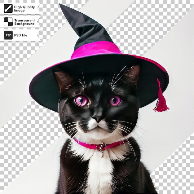 PSD un gato con un sombrero de bruja con un lazo rosa en él