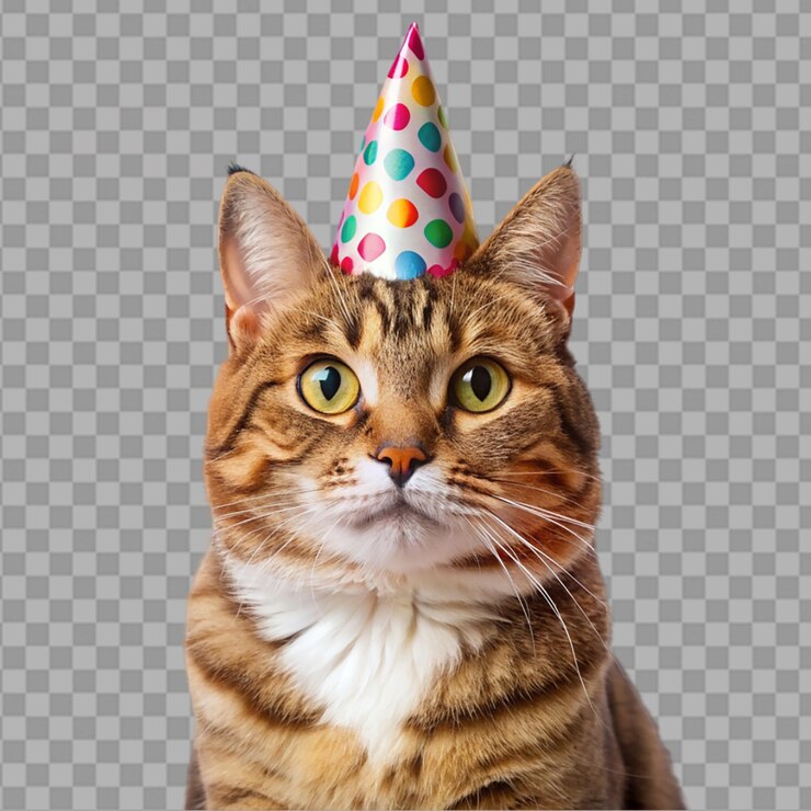 PSD gato con sombrero de fiesta en un fondo transparente
