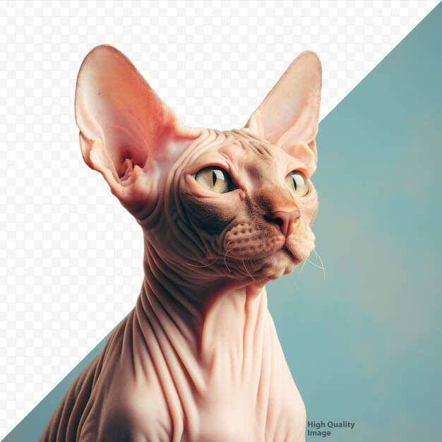 PSD gato sphynx em estúdio de pé e olhando para a frente em um fundo transparente claro