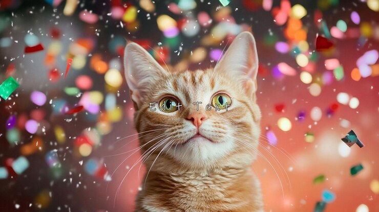 PSD gato tabby laranja em meio a confetes caindo