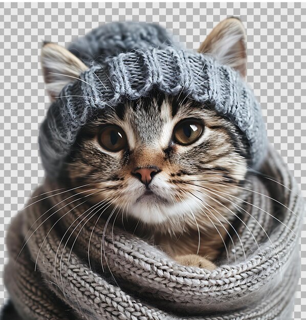 gato en la temporada de invierno con suéter en un fondo transparente aislado