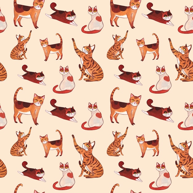 Gato tigre gato laranja gato branco e castanho gato deitado brincando desenho à mão aquarela padrão sem costura