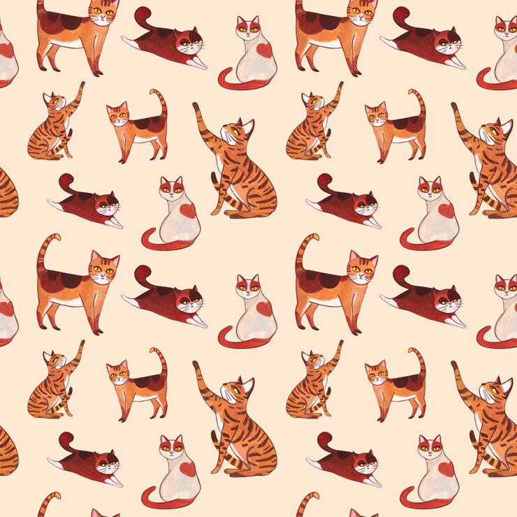 PSD gato tigre gato laranja gato branco e castanho gato deitado brincando desenho à mão aquarela padrão sem costura