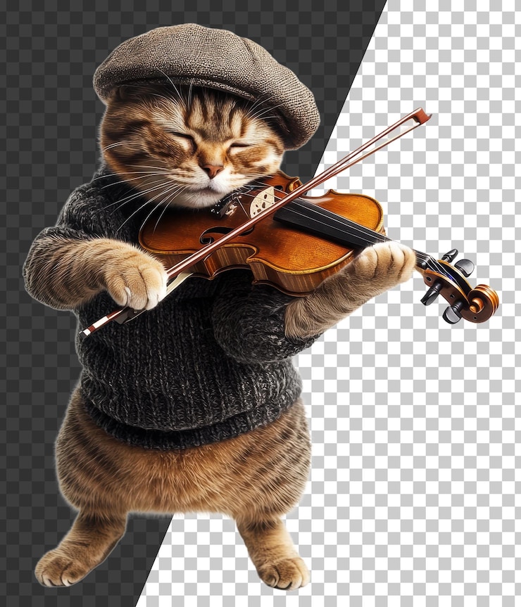 PSD gato tocando el violín en un traje acogedor cortado stock png