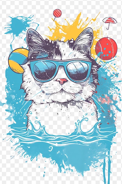 PSD gato van turco com postura de natação e vestindo um fato de banho ad frame decor collage ink art design psd