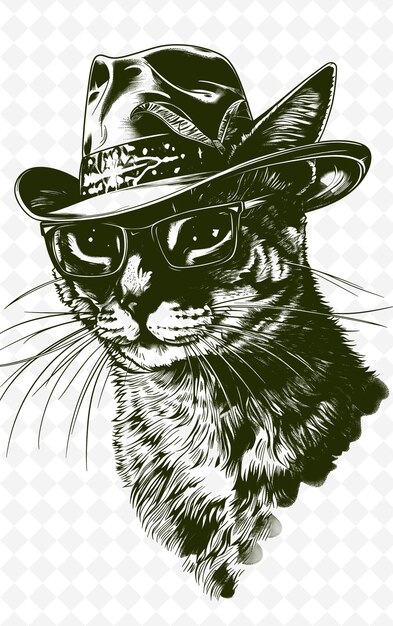 PSD gato vestindo um fedora savannah com uma expressão legal retrato animais esboço arte coleções vetoriais