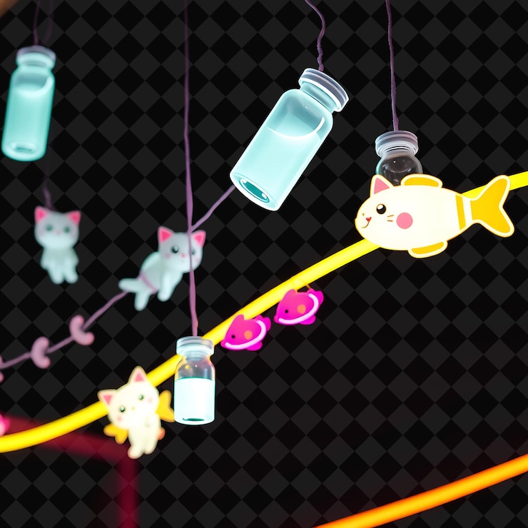 PSD gatos de dibujos animados decorativos y botellas de leche peces de neón nadan a lo largo de la cuerda pulsando suavemente