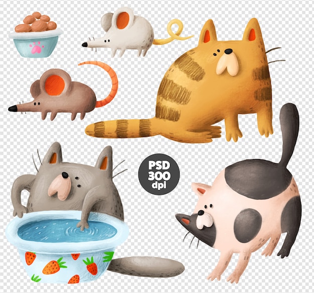 PSD gatos engraçados mão desenhada clip-art