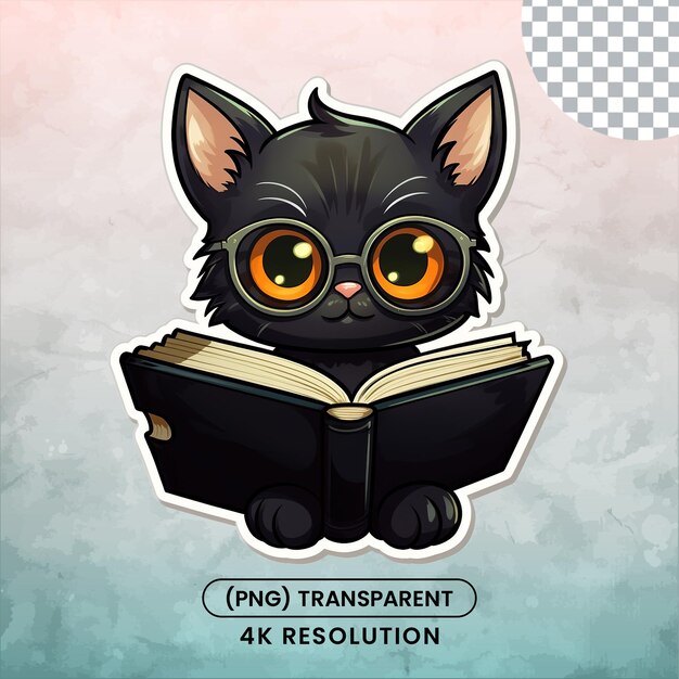 PSD gatos pretos fofos com ilustração de adesivo de livro em um fundo transparente