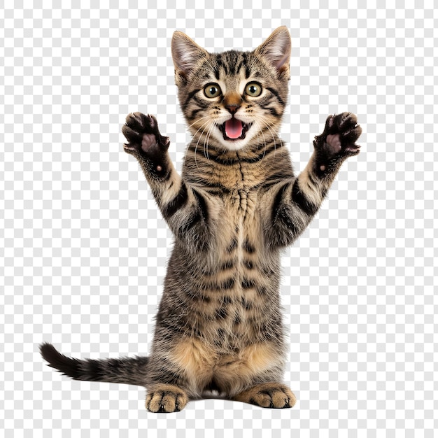 Gattino Tabby eccitato con le zampe alzate