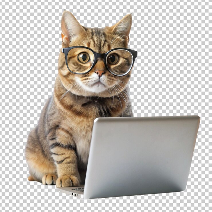 gatto con gli occhiali che usa un portatile sullo sfondo trasparente