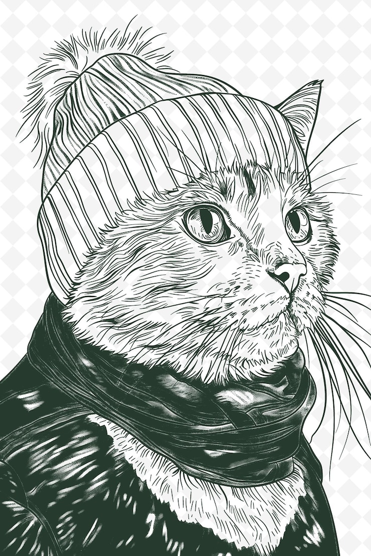 PSD gatto con le scarpe da neve che indossa un cappello da alpinista con un'espressione elastica animals sketch art vector collections