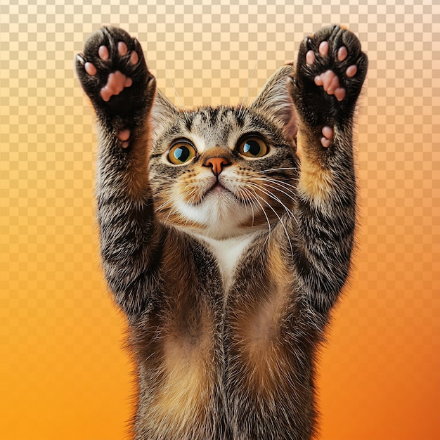 Gatto gioioso con le zampe sollevate su uno sfondo arancione