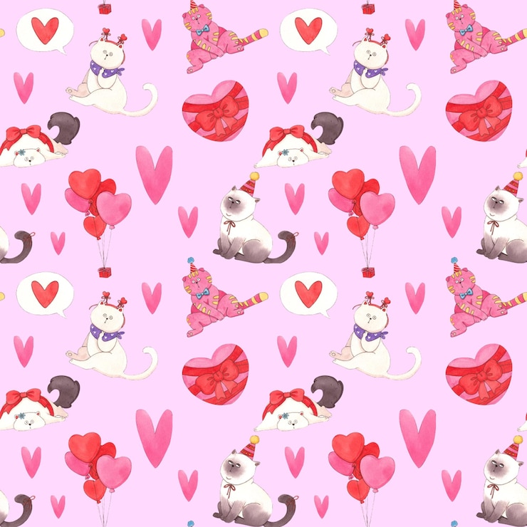 PSD gatto viola gatto rosa gatto siamese gatto bolla cuore acquerello disegnato a mano modello senza cuciture