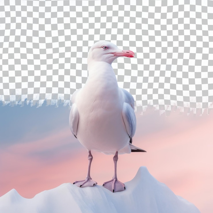 PSD una gaviota está de pie en la cima de una montaña nevada