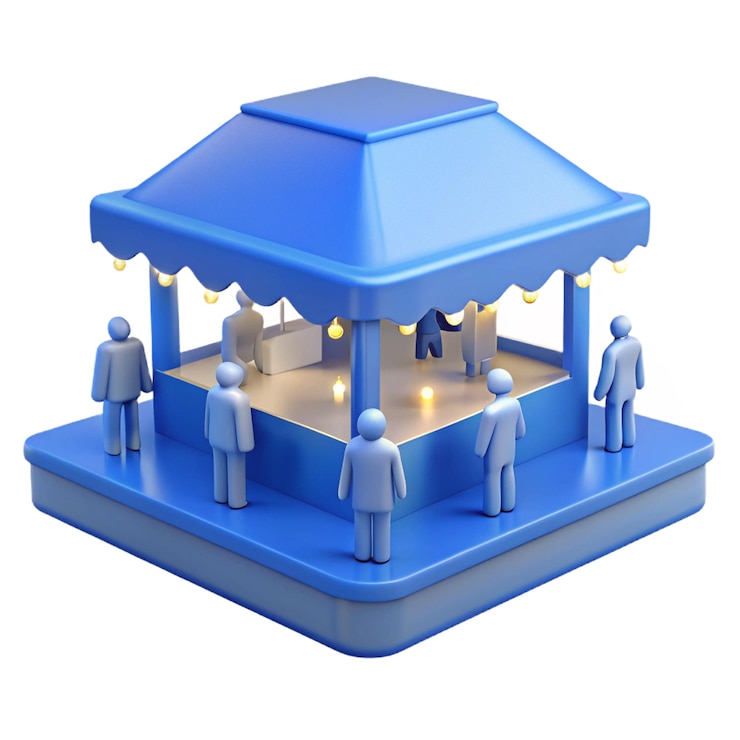 PSD un gazebo azul y blanco con personas debajo de él