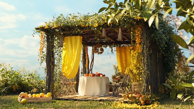 Gazebo de jardín idílico con telas drapeadas de flores amarillas y una mesa puesta para una comida
