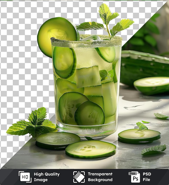 PSD gazpacho de pepino refrescante transparente servido en un vaso sobre un fondo transparente acompañado de pepinos en rodajas y una hoja verde