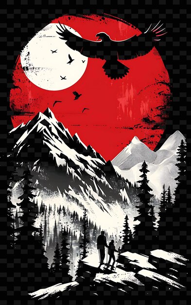 Gebirgslandschaft mit einem Nationalpark und Wanderern für El Flat Illustration Poster Design