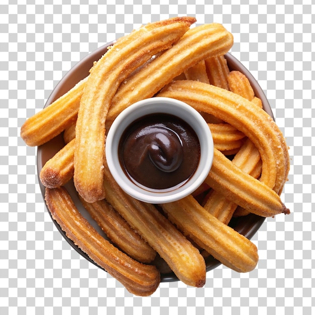 Gebratene churros mit schokolade auf durchsichtigem hintergrund