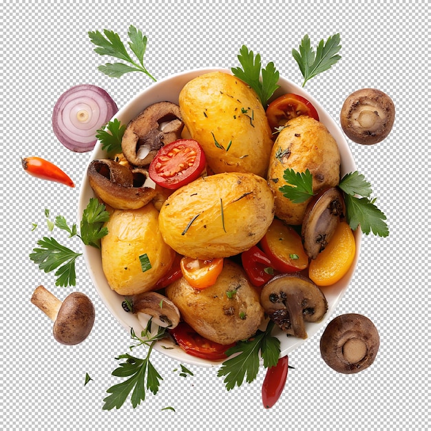 Gebratene Kartoffeln mit Pilzen Tomaten Zwiebeln und Petersilie