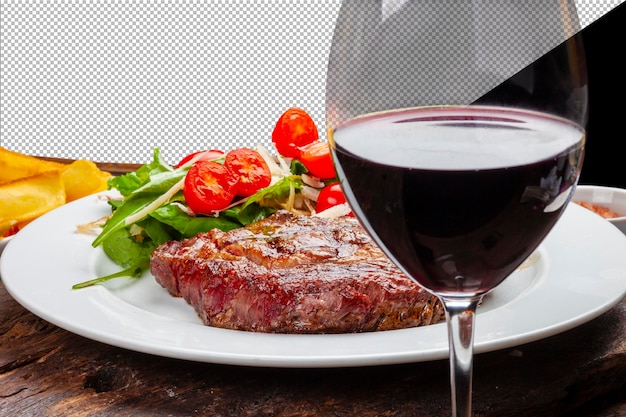 Gebratenes Steak mit Salatglas Rotwein