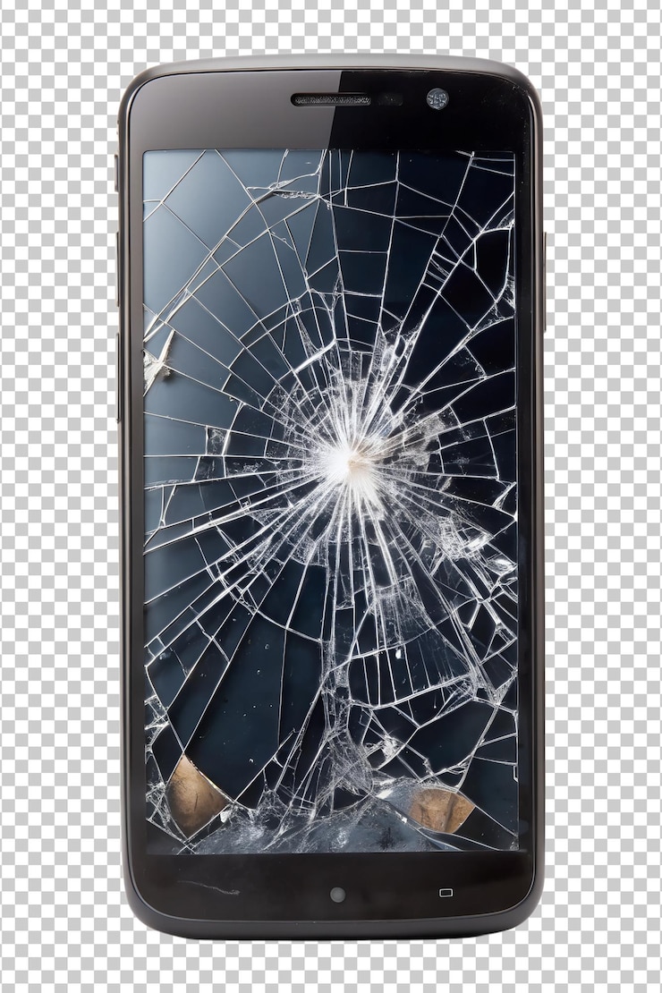 PSD gebrochener smartphone-bildschirm auf dunklem hintergrund