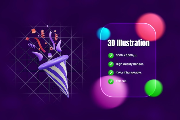 Geburtstagsfeier Popper Konfetti 3D-Icon oder Party Popper mit Konfetti 3D-Icon oder Feier Popper c