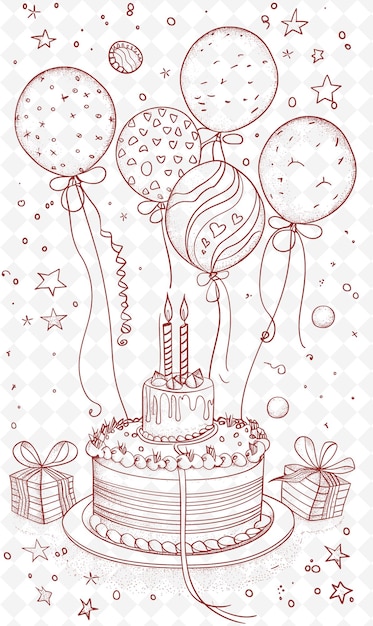 PSD geburtstagskarte mit ballons und einem kuchen mit einer kerze oben