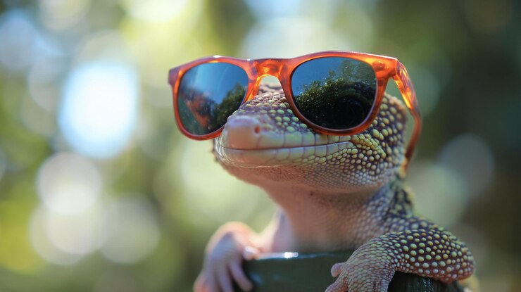 PSD gecko fresco con gafas de sol al aire libre 1