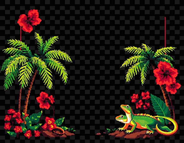 PSD un geco verde con flores rojas en un fondo negro