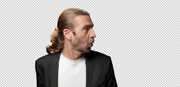 Gefühl schockiert und überrascht auf der Suche nach der Kopie des Raumes auf der Seite mit erstaunt openmouthed Blick