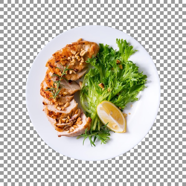Gegrillte Hähnchenbrustplatte mit einer Zitronenscheibe auf transparentem Hintergrund