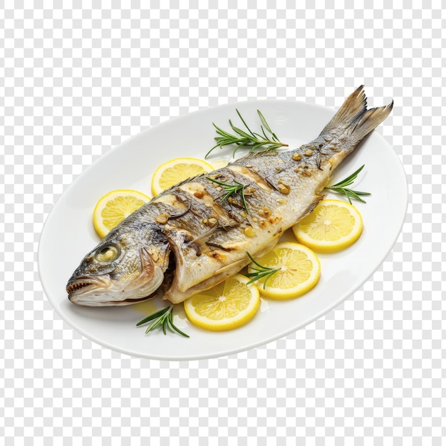 gegrillter Fisch mit Zitrone und Rosmarin auf einem weißen Teller