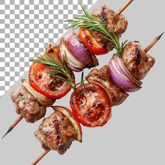 Gegrillter Kebab mit Fleisch, Tomaten und Zwiebeln auf durchsichtigem Hintergrund