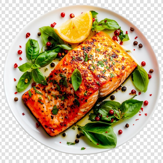 gegrillter Lachs, Zitronen- und Basilikum-Teller