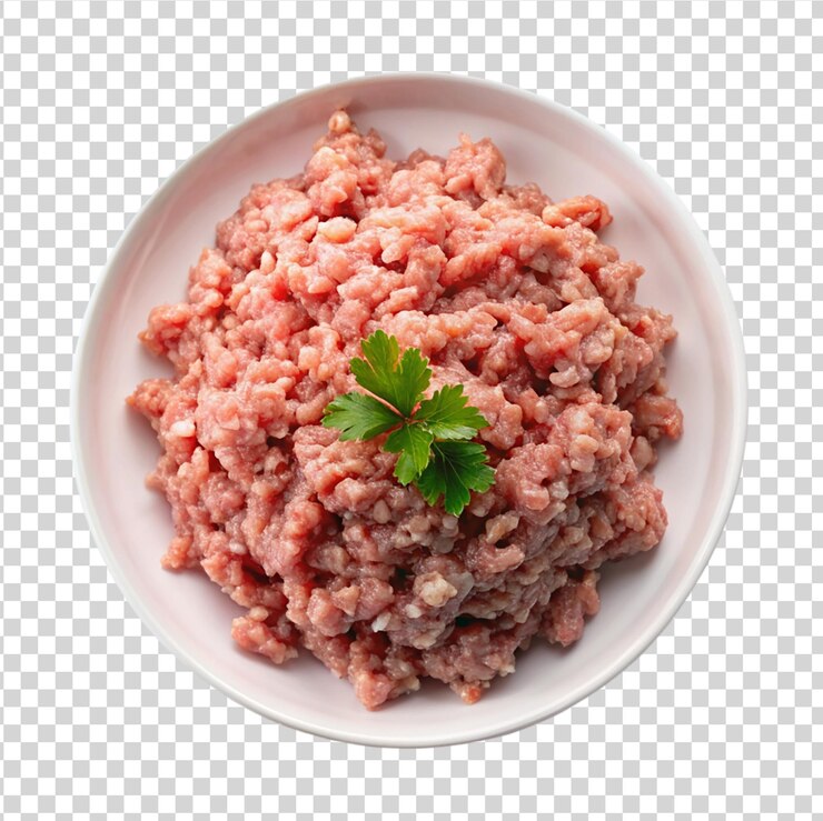 PSD gehacktes schweinefleisch in einer schüssel auf weißem teller, isoliert auf weißem hintergrund