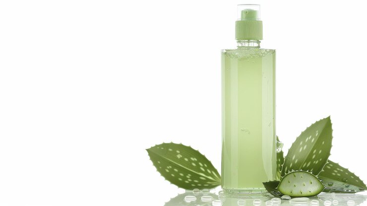 PSD gel de aloe vera en una botella transparente con hojas verdes colocadas sobre un fondo claro para beneficios naturales de cuidado de la piel durante el día