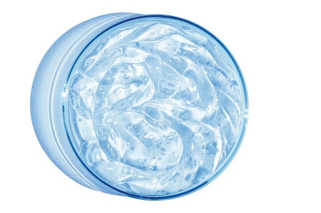 PSD gel cosmético azul transparente em uma placa de petri vista de cima em um fundo vazio