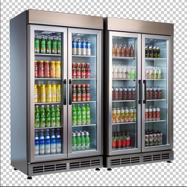PSD geladeiras de bebidas de porta de vidro comerciais em fundo transparente