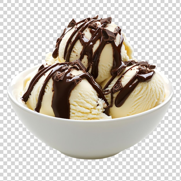 Gelado de baunilha com chocolate a gotejar numa tigela branca isolada sobre um fundo transparente