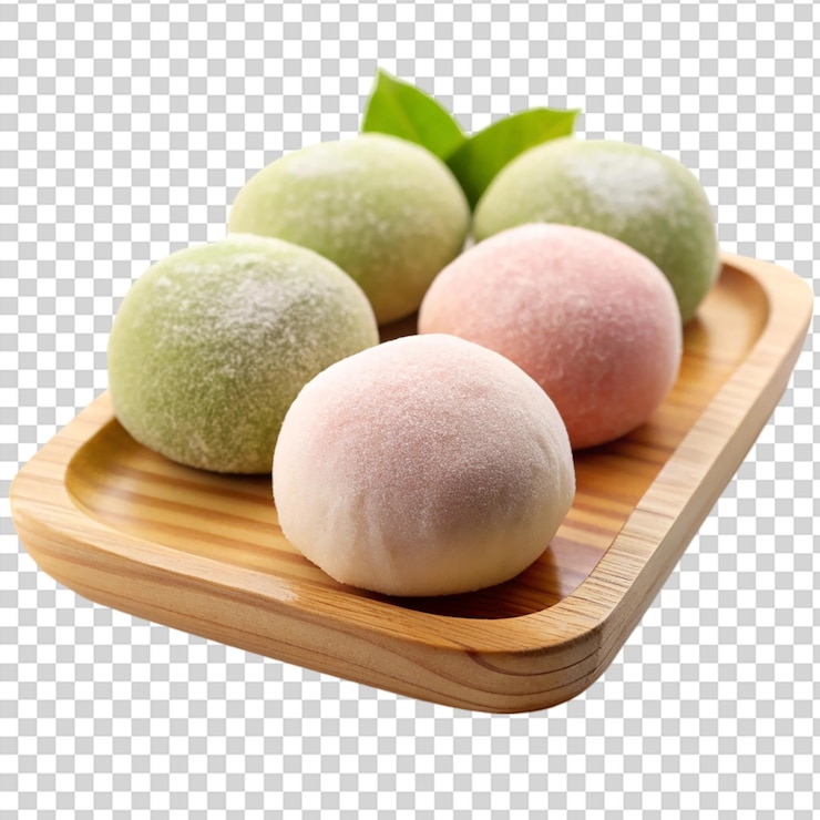 PSD gelado mochi em placa de madeira japonesa isolada em fundo transparente