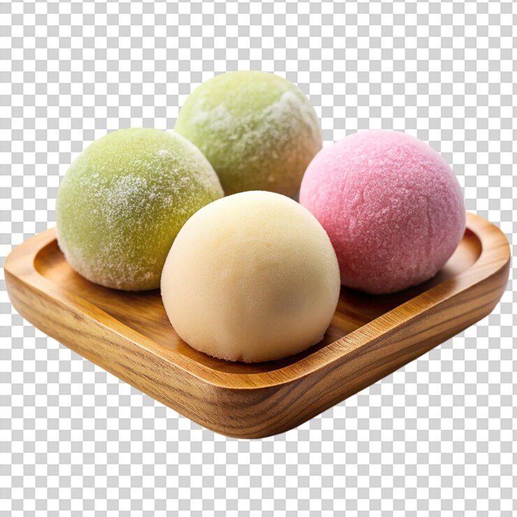 PSD gelado mochi em placa de madeira japonesa isolada em fundo transparente