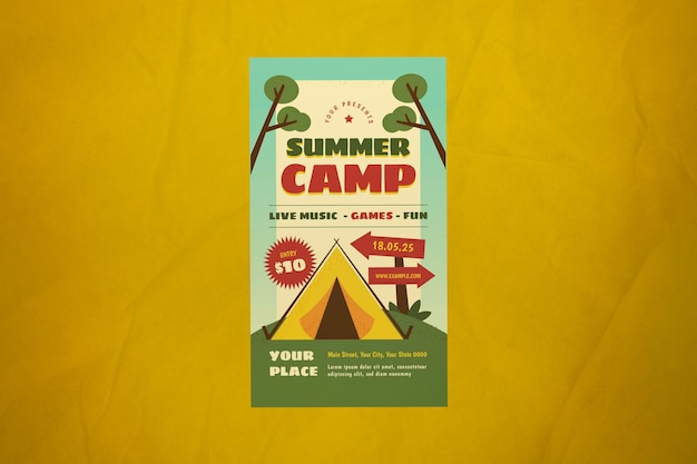 Gelbe flache Design-Sommercamp-Instagram-Geschichte