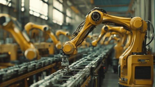 Gelbe Roboterarme an einer Montagelinie in einer Fabrik